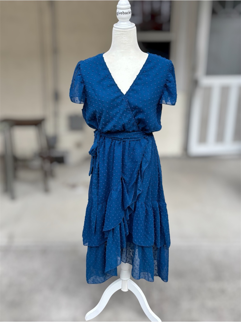 BTFBM Blue Swiss Dot Faux Wrap Midi Dress Ruffle High Low Neck Snap L Like New - Picture 4 of 8
